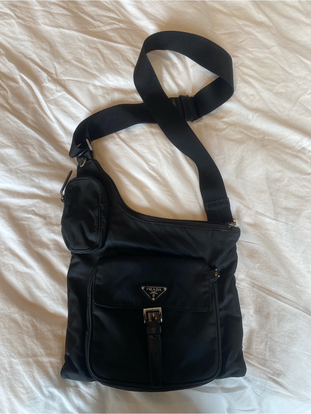 Vintage Vela Asymmetrical Prada Black Nylon Messenger Crossbody w/ Front Buckle